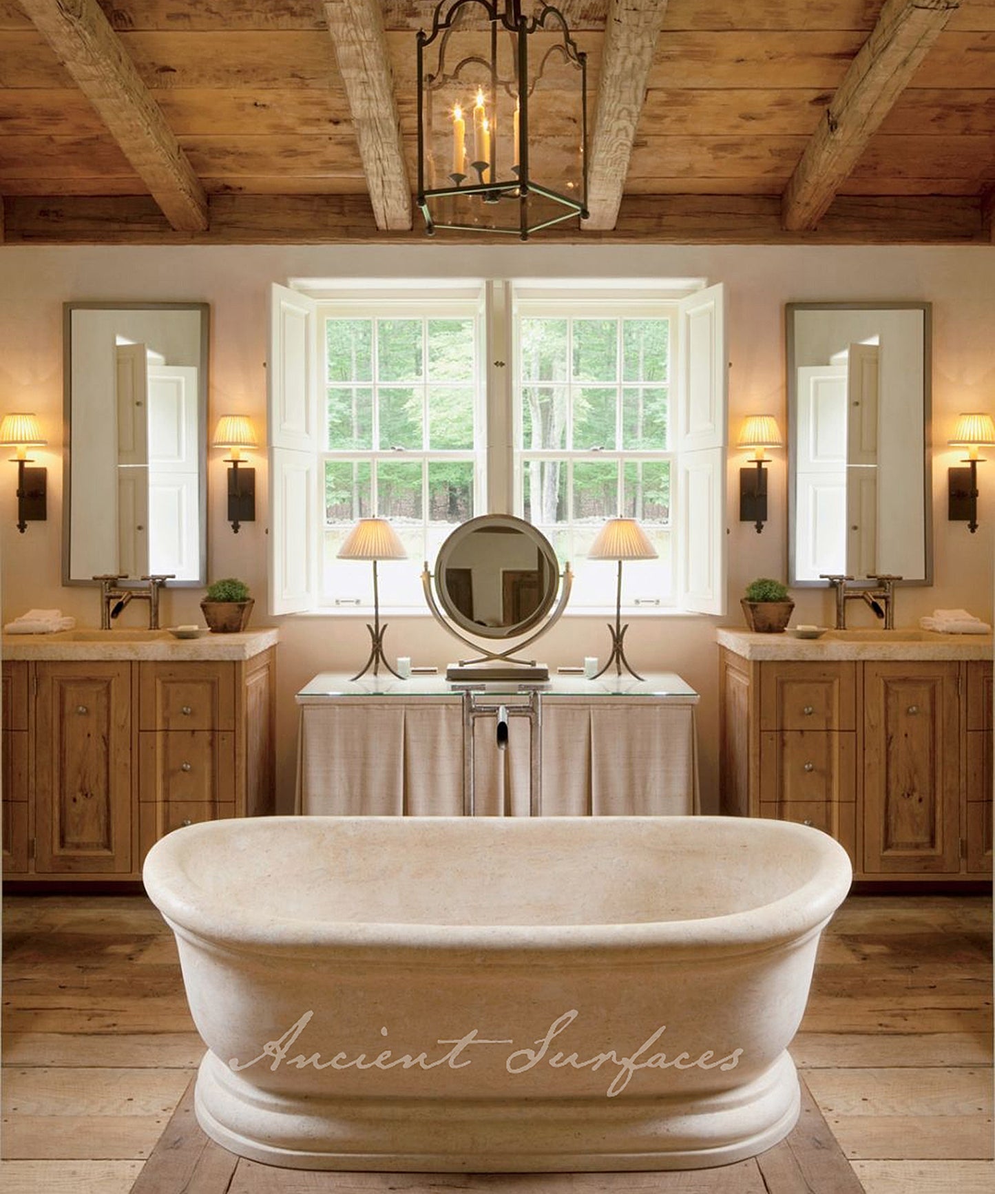 Under-Beam creamy limestone bathtub