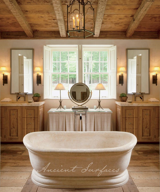 Under-Beam creamy limestone bathtub